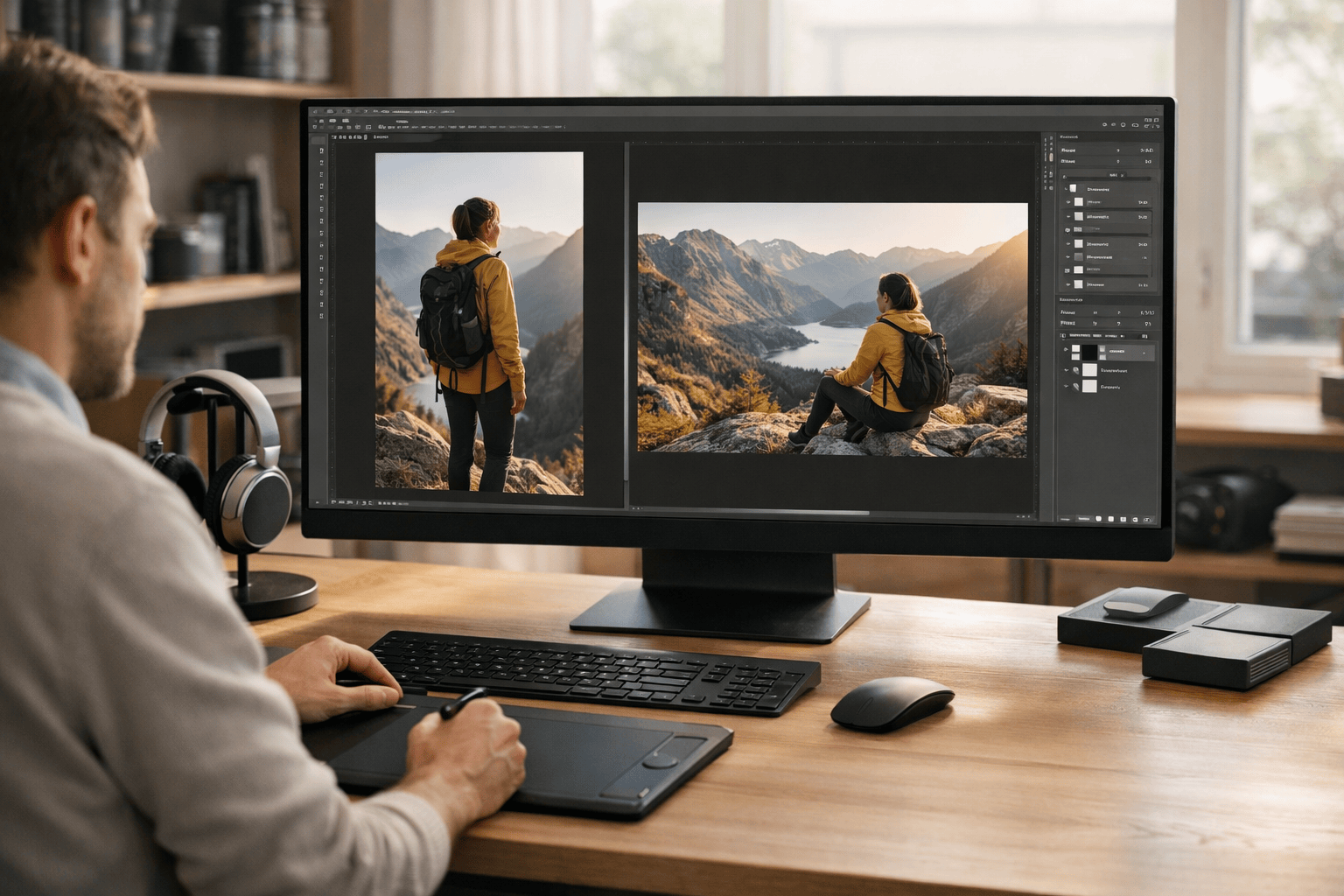 Photographer editing mountain landscape photos on dual monitors using secure cloud storage for outsourcing workflow