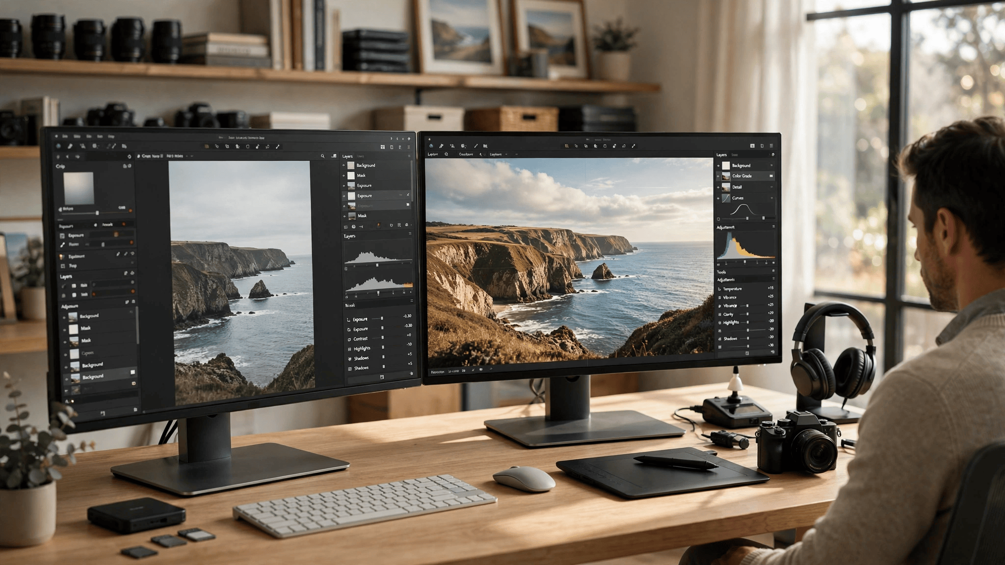 Professional photo editing outsourcing workspace with dual monitors showing before and after retouching