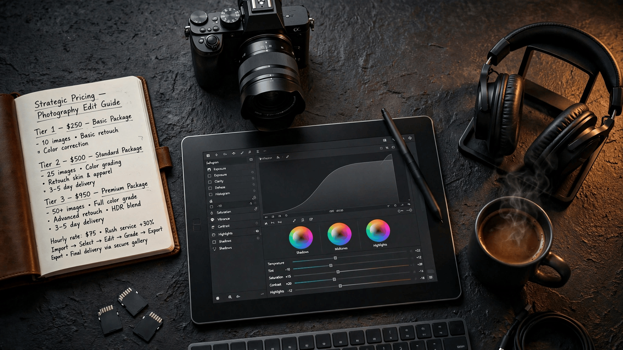 Strategic pricing photography workspace with camera, editing tablet showing color grading, and pricing notebook