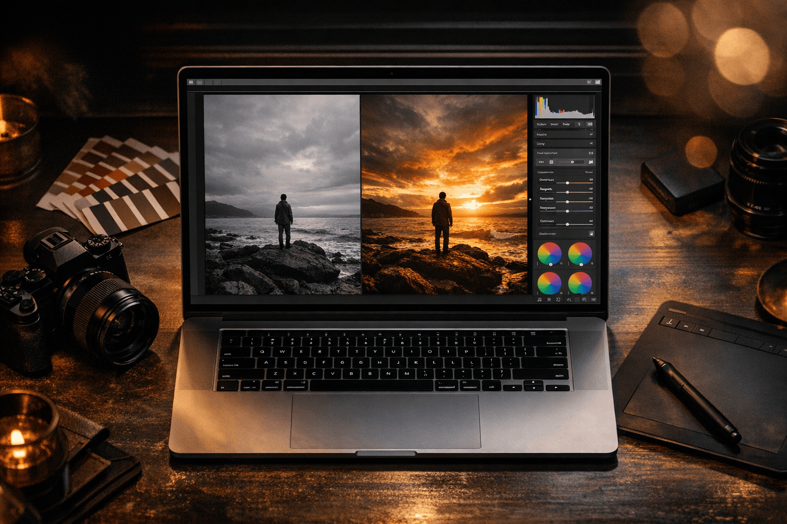 Laptop showing Lightroom before and after photo editing with custom presets for style consistency outsourcing