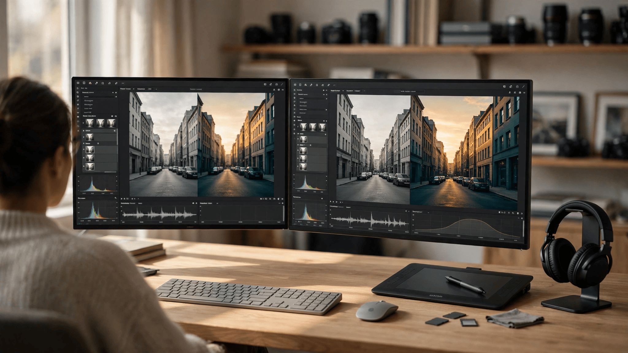 Professional color grading workspace with dual monitors displaying raw vs graded footage to define brand mood