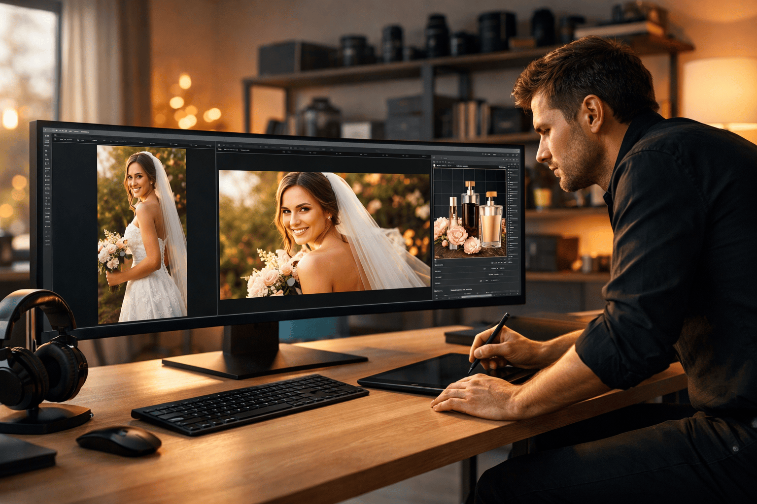 Professional photo editor scaling photo editing demand on dual monitors during peak season in a modern studio
