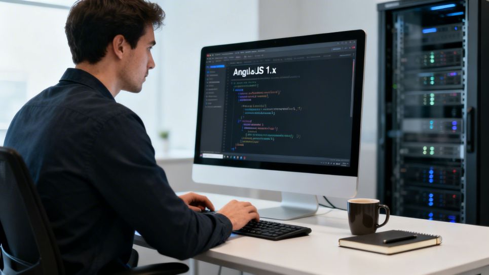 A man coding AngularJS 1.x on a desktop computer in a server room environment.