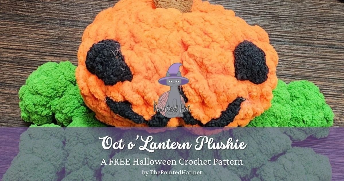 A closeup of a crocheted Jack o'Lantern plushie. Image includes title text.