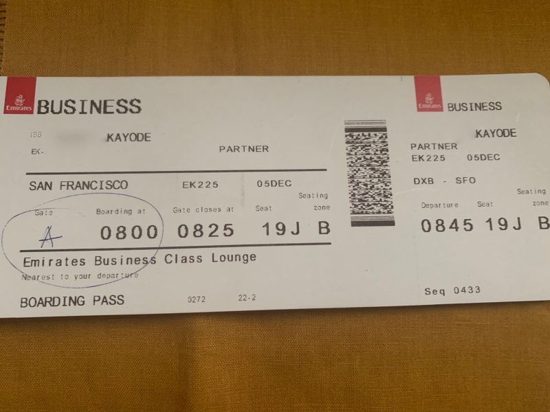Dubai to San Francisco Boarding Pass