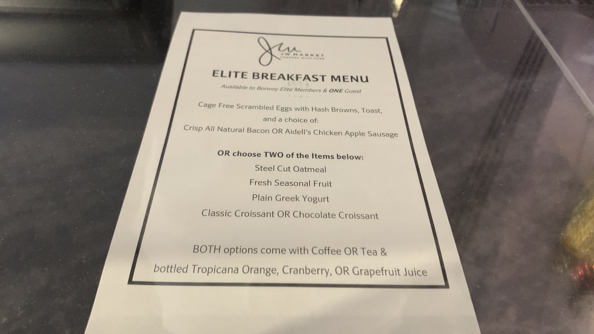Elites breakfast menu at The JW Marriott San Francisco Union Square