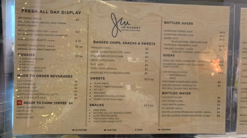 Breakfast menu at The JW Marriott San Francisco Union Square