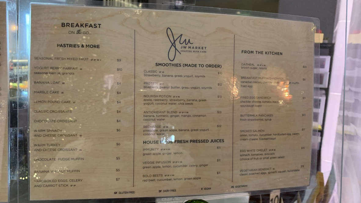 Breakfast menu at The JW Marriott San Francisco Union Square