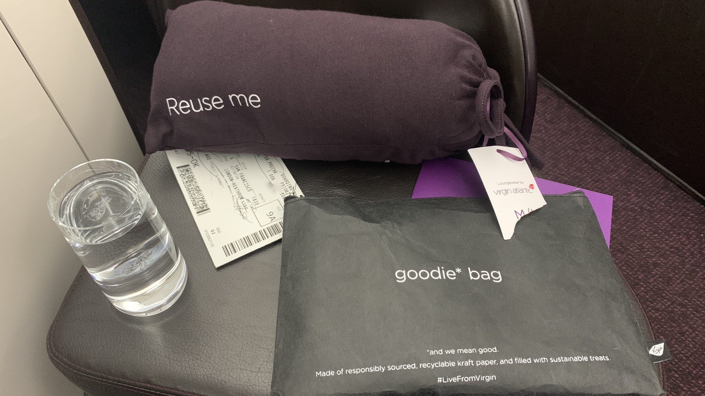 Amenity kit and pajamas from the Virgin Atlantic Upper Class flight