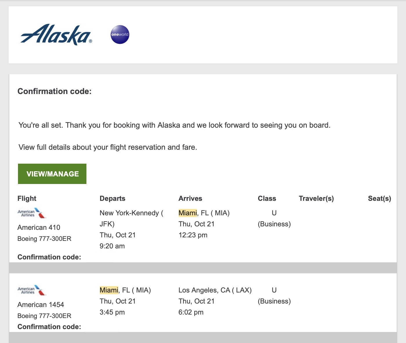 American Airlines First Class Booked on Alaska Airlines