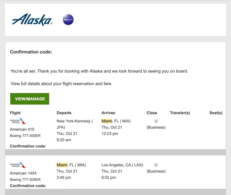 American Airlines First Class Booked on Alaska Airlines