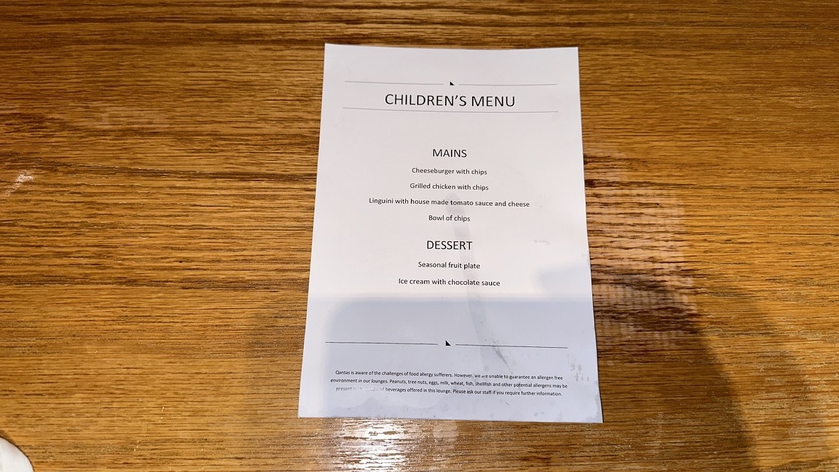 Kids menu at the lounge