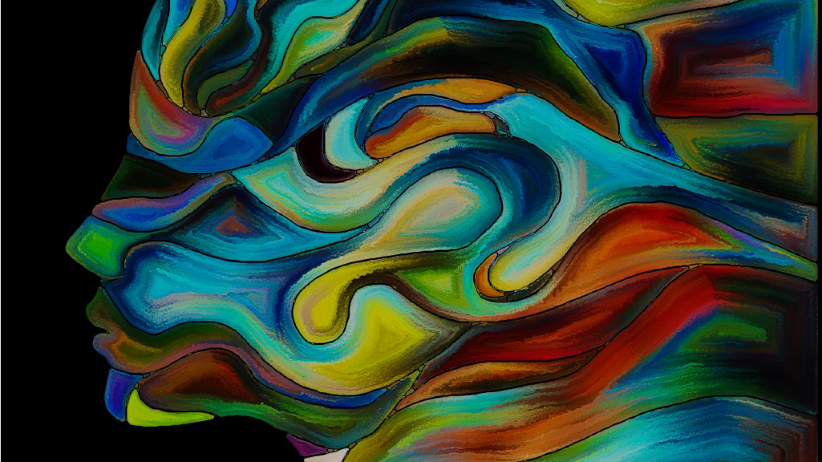 Head composed of multi-coloured swirls on a black background.