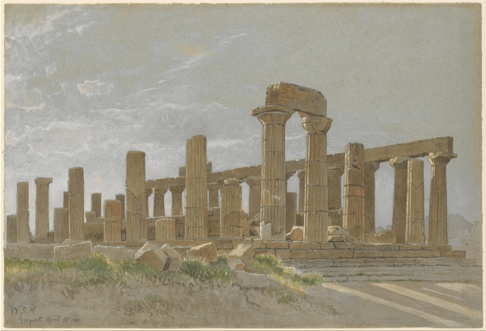 Painting of a Greek temple located in Sicily, with a pale blue sky covering the top third of the image and beige colomns made of carved marble in the centre of the image, casting long shadows onto the grass and sand below.