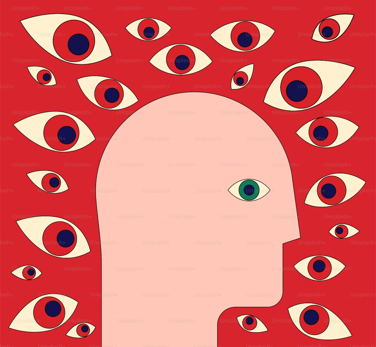 Red background with loads of cartoon eyes around the side profile of a face- the only feature on the face is the eye. The iris in the eyes surrounding the face are red and in the eye on the person's face the iris is green.