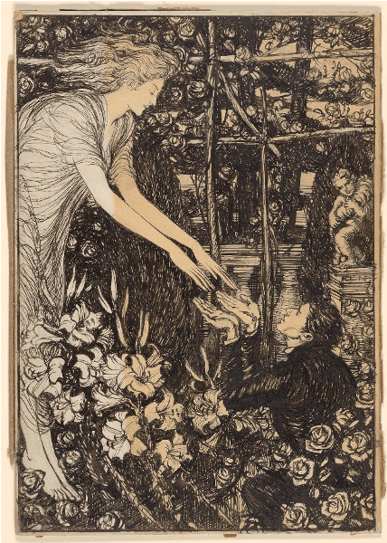 Drawing of Alfred Tennyson's Maud from 1922. Pencil or biro sketch of a woman with long flowing hair reaching down to a man who is bent on his knees. Their hands are close but not touching. The pair are in a garden with blooming lilies and roses.