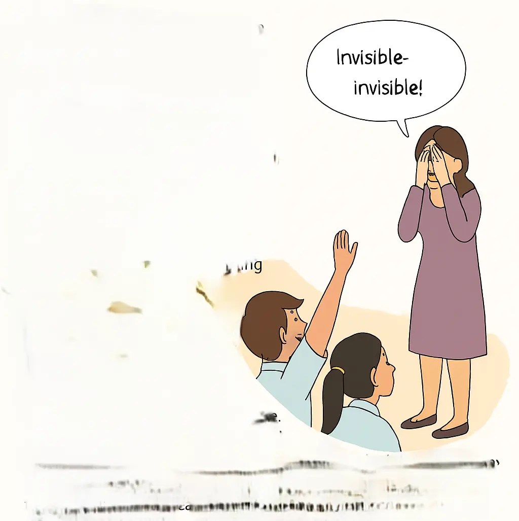 A teacher closing her face with her hands and children calling her.