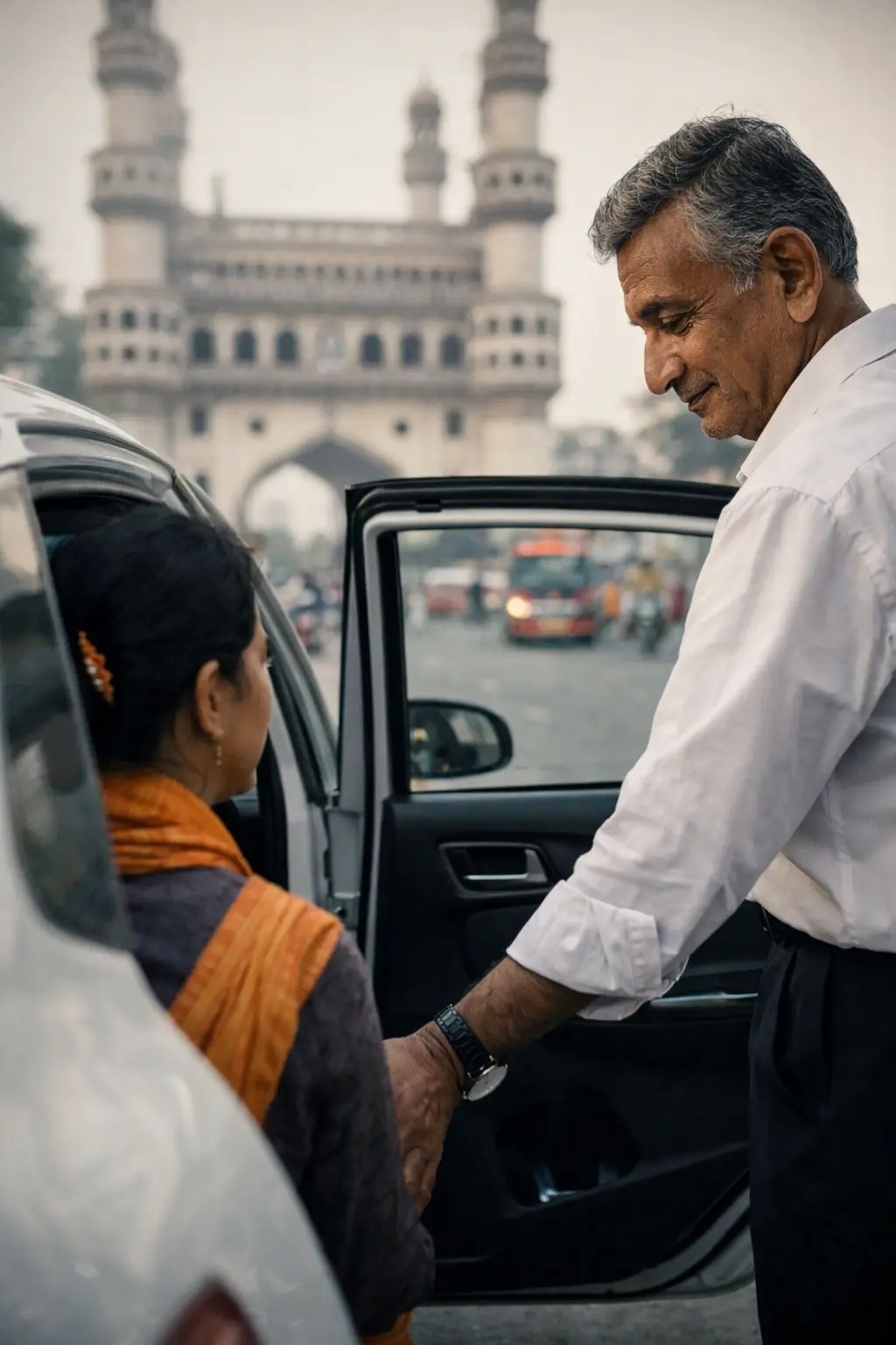 A cab driver opening the door for the customer.