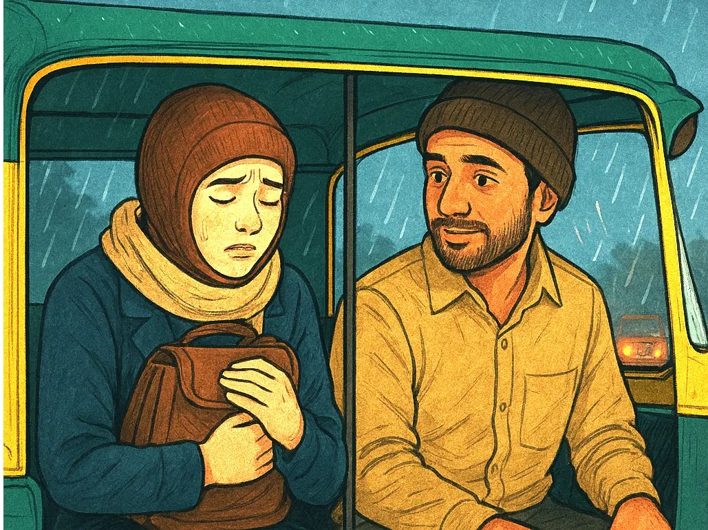 An auto driver and a passenger in an auto on a chilly night.