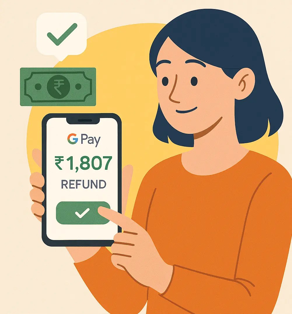 A happy woman on receiving a GPay refund after mistaken cab fare payment, symbolizing trust in digital payments.