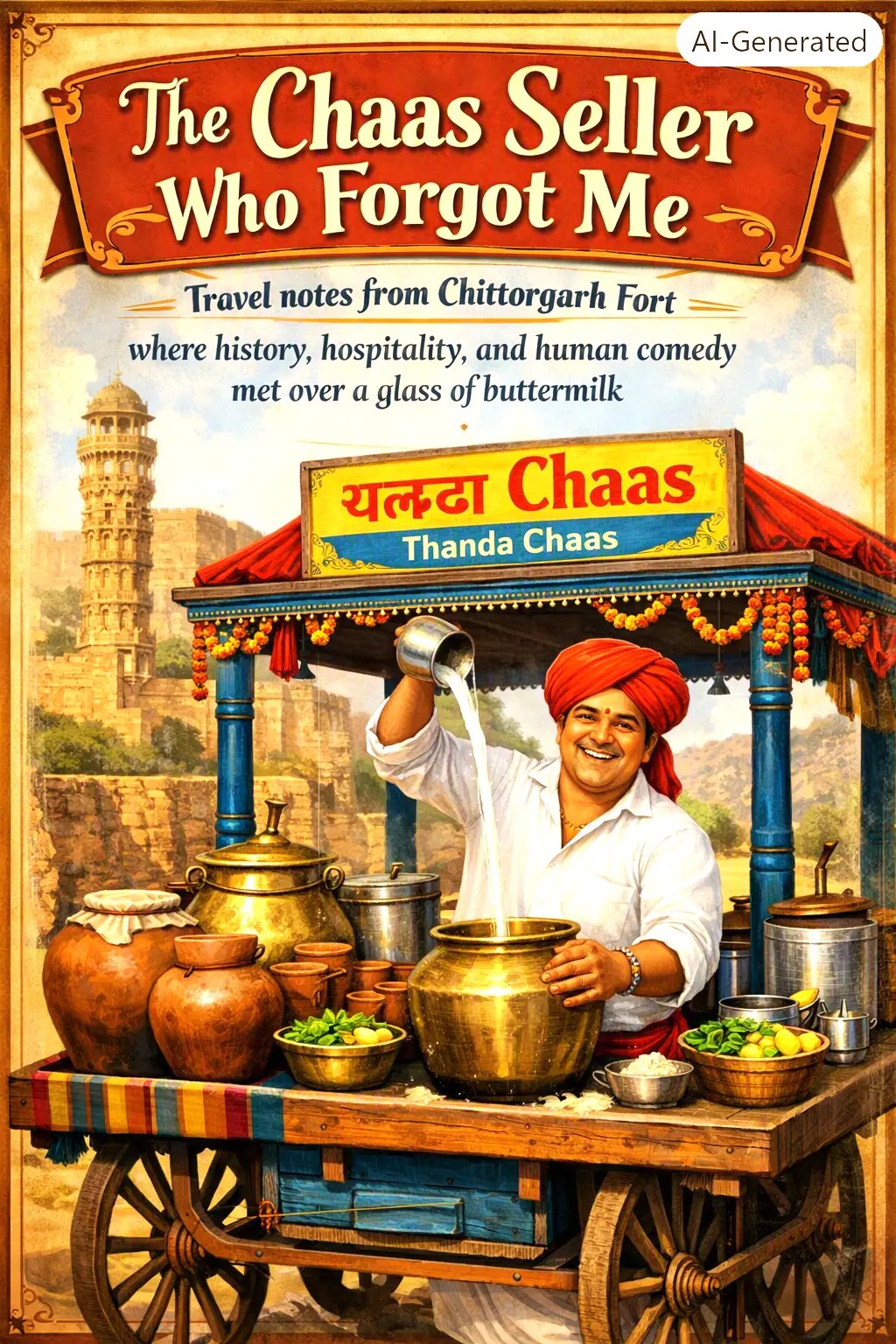 Rajasthani chaas seller pouring buttermilk at his cart outside Chittorgarh Fort.