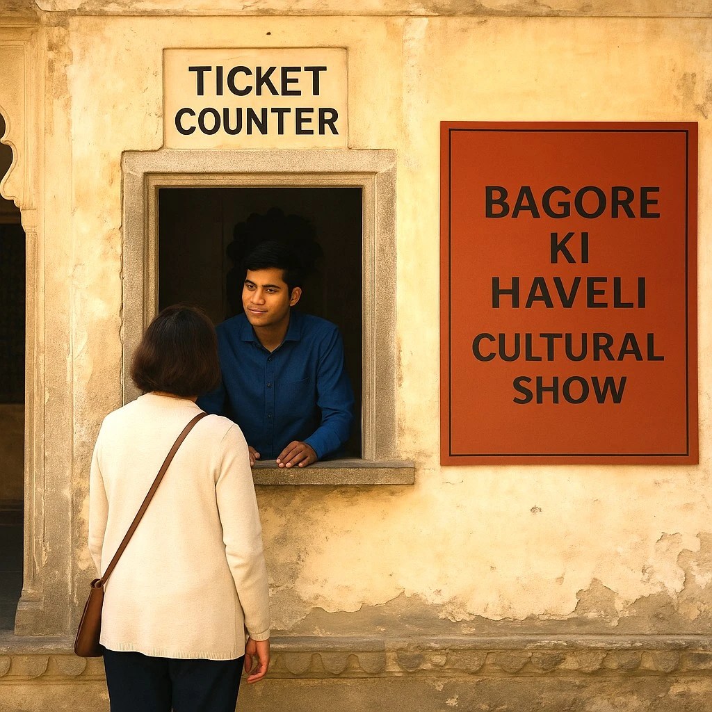 At a ticket window is a boy and a lady is buying a ticket.
