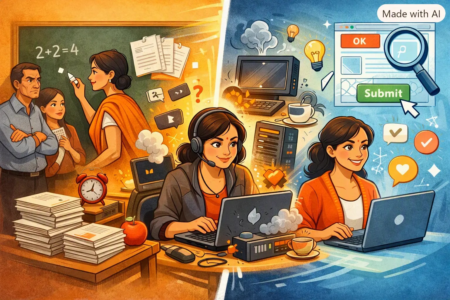 Humorous illustration representing an IT journey from school report cards to crashing laptops