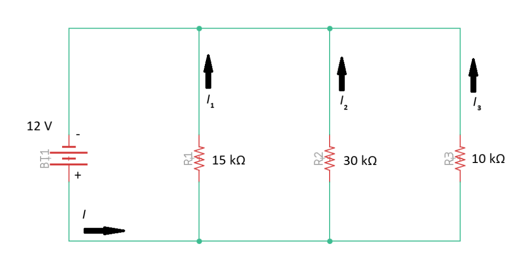 This image shows a parallel DC circuit with three resistors in parallel branches and a 12 v power supply. 