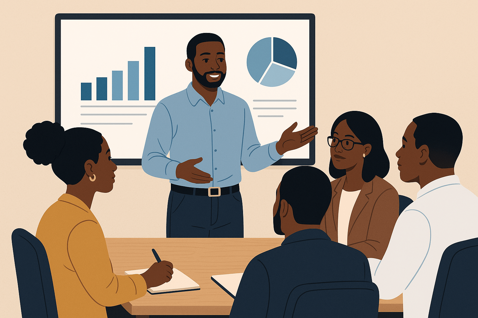 A Black male leader stands at the front of a conference room, presenting data on a screen with charts and graphs. Four diverse colleagues sit at the table engaged in discussion. The scene represents transparency in communication through open sharing of information.