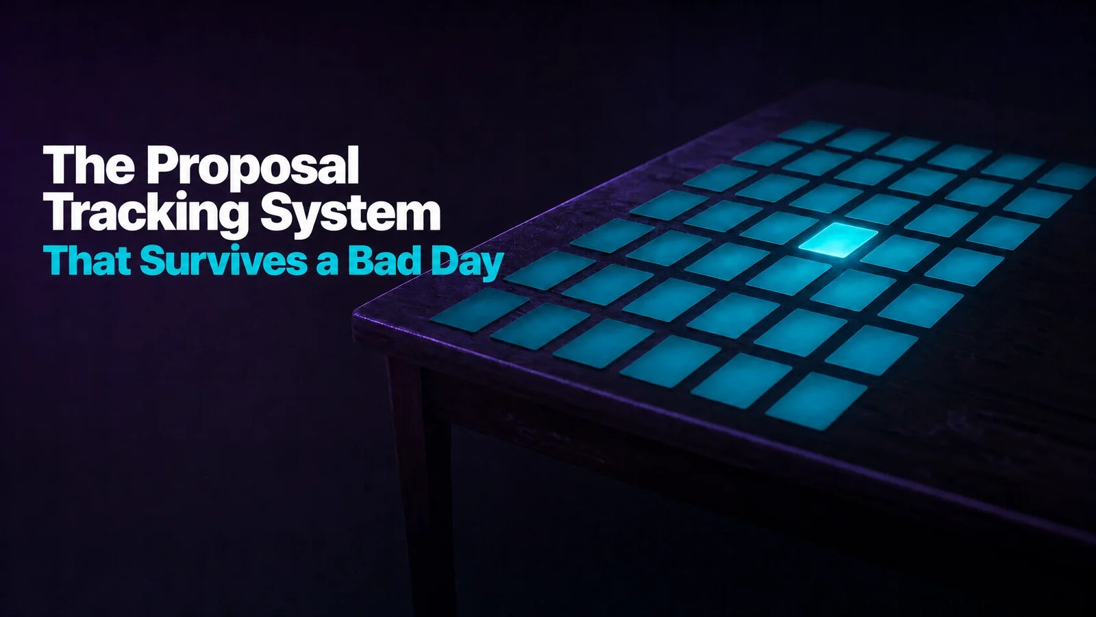 Deep purple desk scene with a glowing teal grid of proposal cards, one card lit brighter than the rest, representing a single-table proposal tracking system for ADHD entrepreneurs