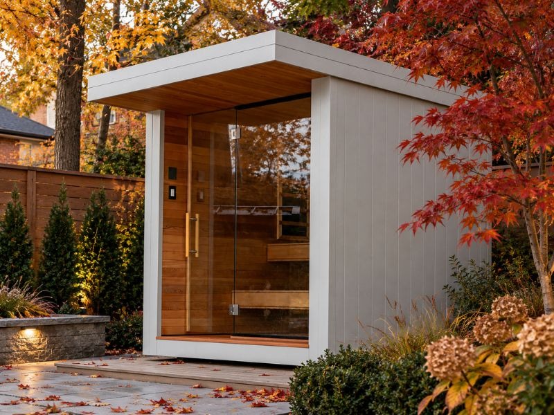 Modern outdoor sauna surrounded by red and orange fall foliage, layered planting and stone paving
