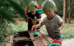 Two toddlers engaged in exploratory play with toy cars and dirt, showing early stages of play in child development.