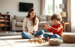 Pediatric occupational therapist working with a young child through sensory play during an in-home therapy session