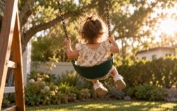 Toddler in a floral top swinging on a backyard swing set in warm afternoon sunlight, seen from behind