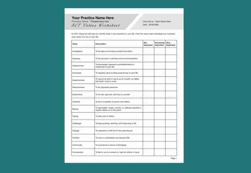 Act values worksheet pdf template