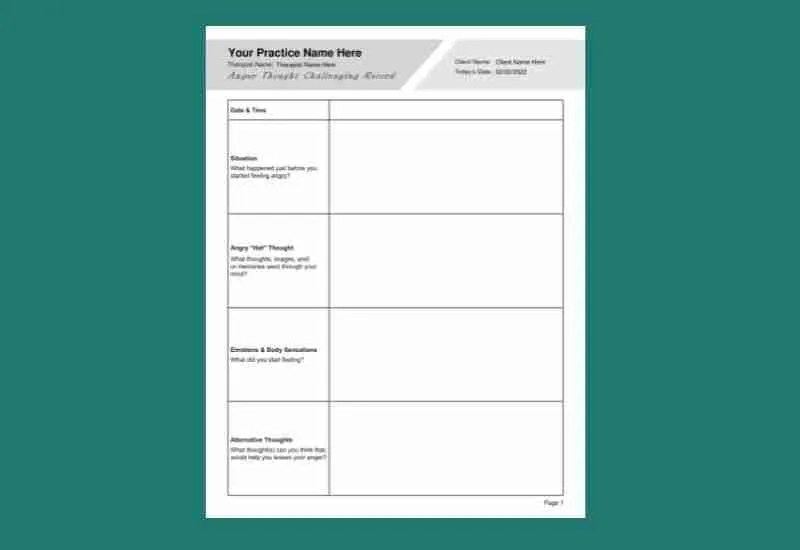 anger thought challenging record worksheet editable fillable printable pdf therapybypro