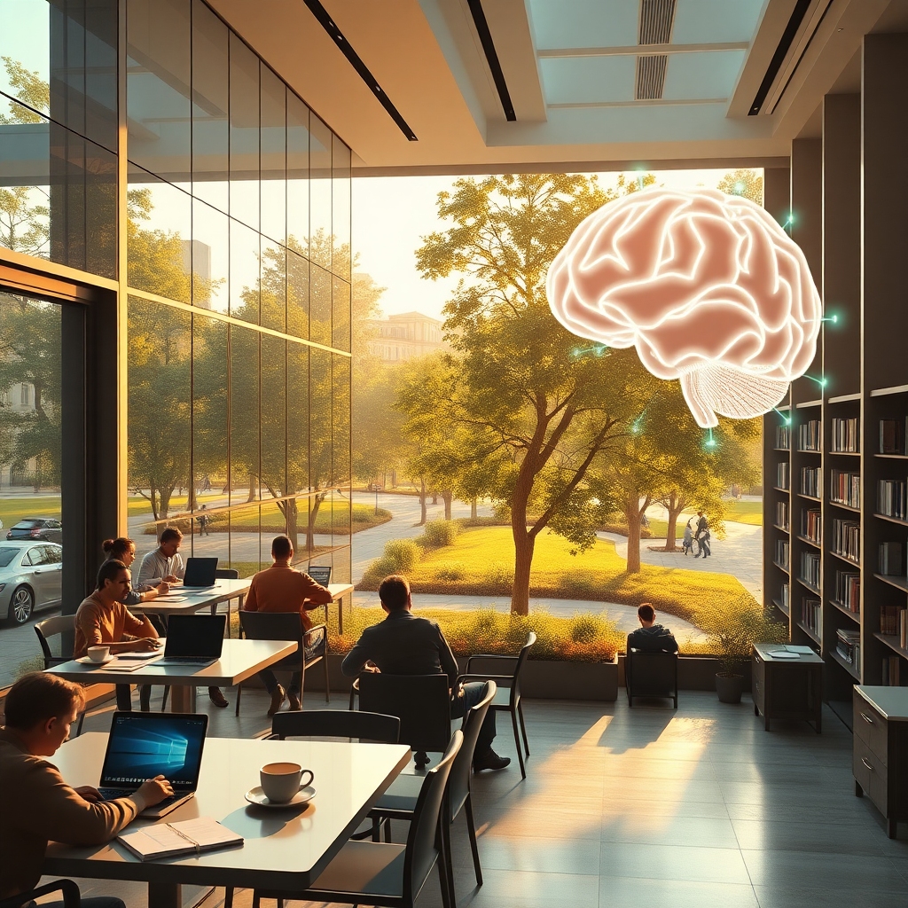 modern office with glass walls and people working on laptops, cozy Italian café terrace with coffee cups and notebooks, peaceful city park with green trees and stone pathways, minimalist living room interior with sunlight through large windows, futuristic AI holographic brain with neon lights, university library with tall bookshelves and students studying, warm natural sunlight, cinematic atmosphere, ultra realistic, highly detailed, 8k quality, photorealistic