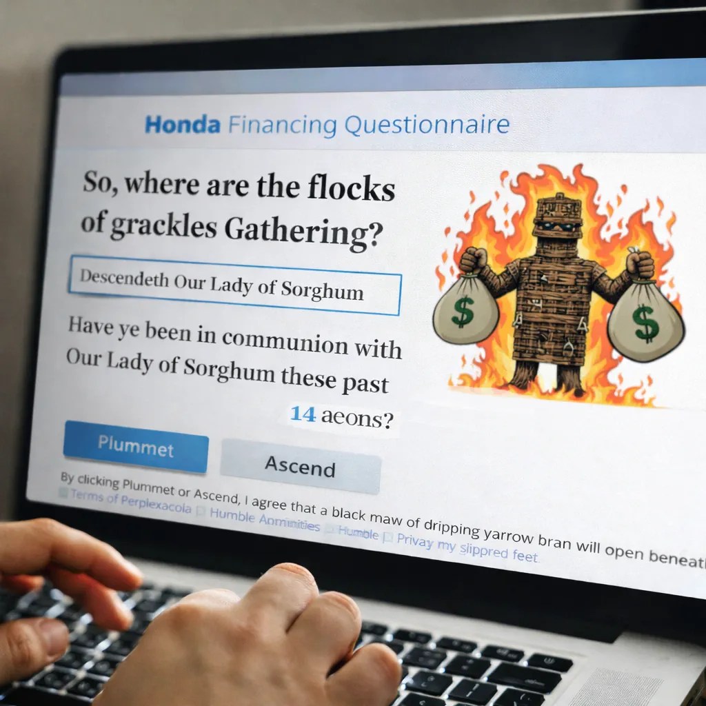 A person filling out a Honda finance questionnaire with questions like "So, where are the flocks of grackles Gathering?" and "Have ye been in communion with Our Lady of Sorghum these past 14 aeons?"