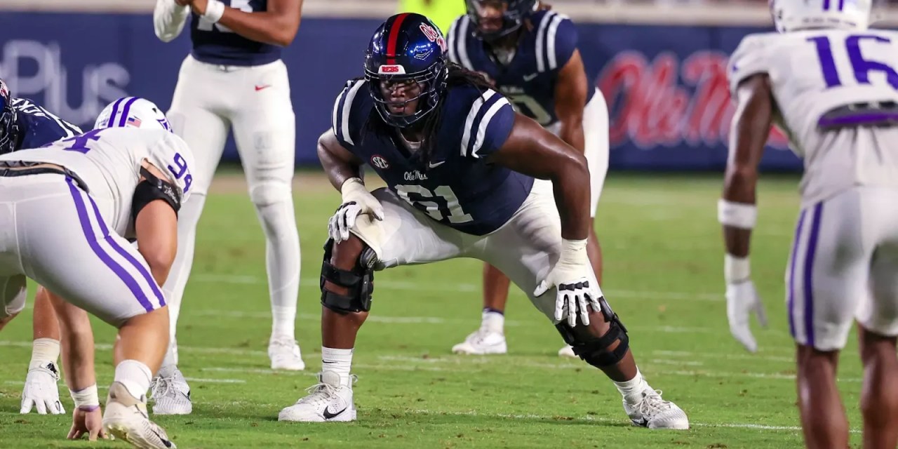 Ole Miss Football’s Diego Pounds Named SEC Co-Offensive Lineman of the Week