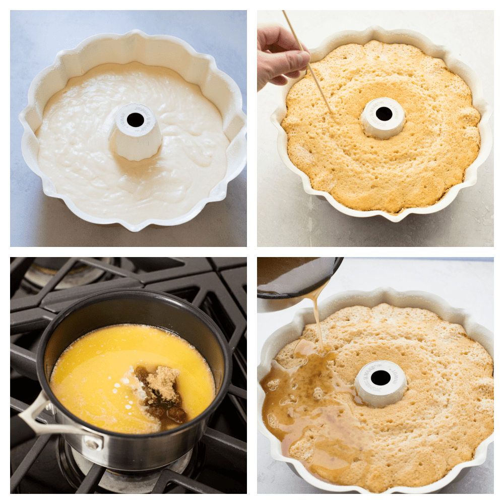 Rum Cake is a rich dense cake that is overflowing with butter rum flavor that is insanely delicious. This cake is moist and the rum syrup adds a layer of decadence that is next level amazing! The cake batter in a Bundt pan, poking holes, making the sauce and pouring it over the cake.