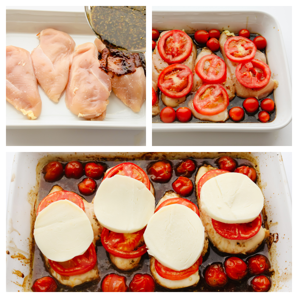 Baked Caprese chicken is nothing less than delicious and delightful! It's fancy enough for company but simple enough for a quick and easy weeknight dinner that your family will go crazy for! 3 images of the process of baking chicken.