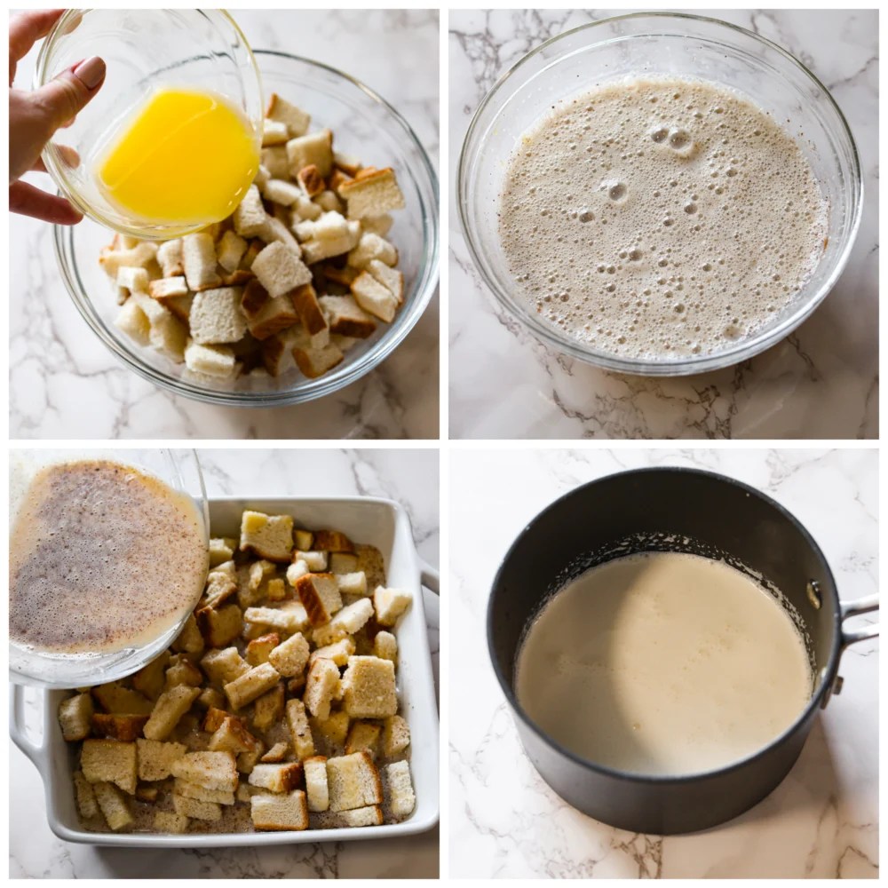 This Bread Pudding is a classic dessert that uses your leftover bread and a delicious vanilla sauce to make the best breakfast dessert you've ever had! It's frugal and cheap to make, but the flavor is out of this world divine. Process photos showing butter being poured over bread cubes, the egg mixture in a bowl, that mixture being added over the bread cubes in a white pan, and the vanilla sauce in a pan.