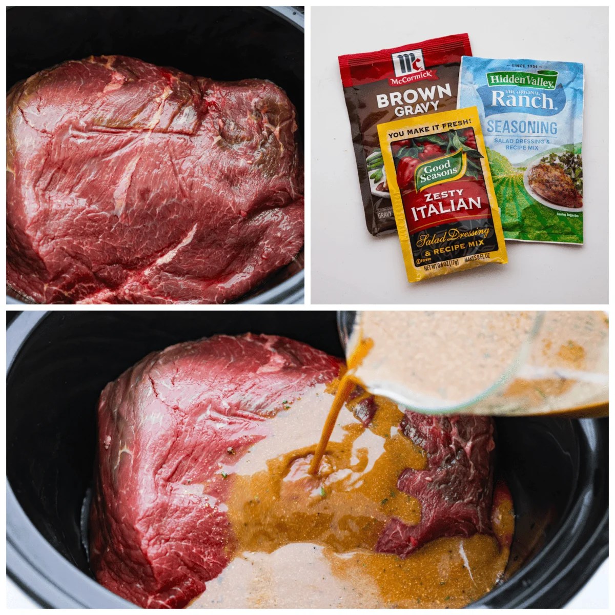 This 3 packet roast is my go-to for an easy but delicious Sunday dinner. Add brown gravy, Italian dressing, and ranch dressing powders to a slow cooker with your beef and then let it work its magic! It creates an ultra-tender, flavorful roast you’ll love coming home to at the end of the day. 3-photo collage of the roast being prepared.