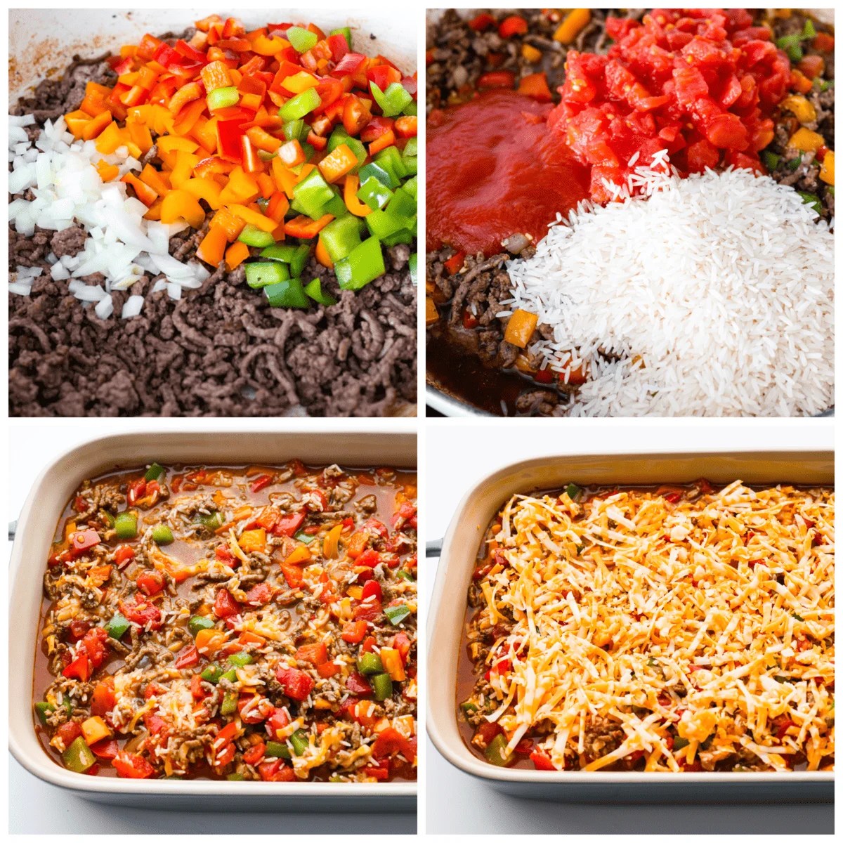 All the hearty, flavorful goodness of a stuffed pepper in one easy-to-make casserole! Stuffed pepper casserole is easy, cheesy, and packed to the brim with delicious seasoned rice and vegetables. 4-photo collage of ground beef, vegetables, rice, and cheese being layered in a casserole dish.