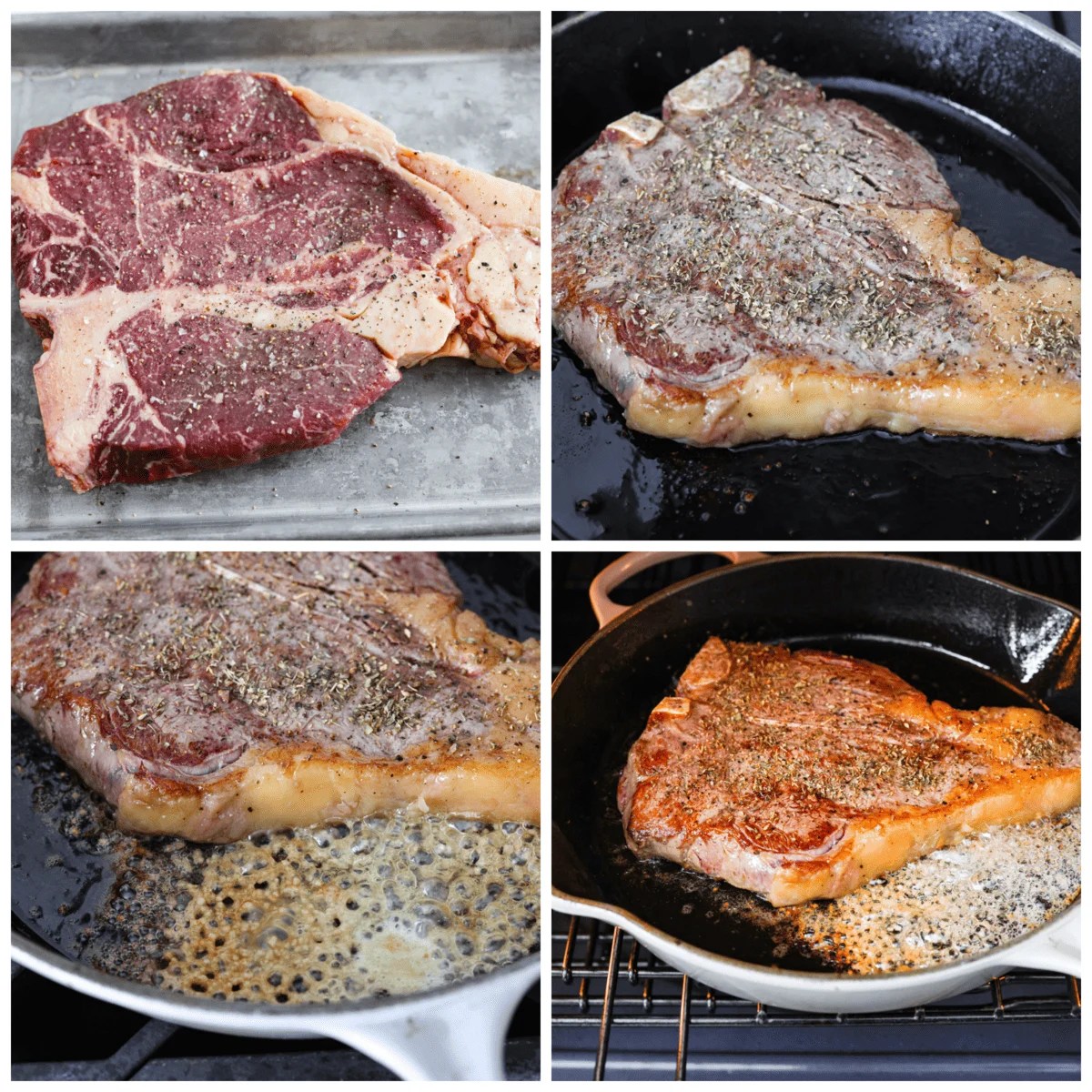Indulge in the ultimate T-bone steak experience with this recipe! It takes an already awesome cut of meat and cooks it to perfection. The mix of olive oil, spices, and a hot skillet gives you a beautifully seared crust. Top it off with some garlic butter and fresh herbs, then you have the perfect dessert ready for any occasion! 4-photo collage of the steak being seasoned and cooked.