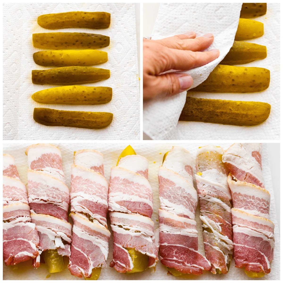 Calling all pickle lovers! Meet your new favorite appetizer. These bacon wrapped pickles are the perfect combination of tangy, crunchy, and meaty, and so easy to devour! 3-photo collage of the pickles being pat dry and wrapped in bacon.