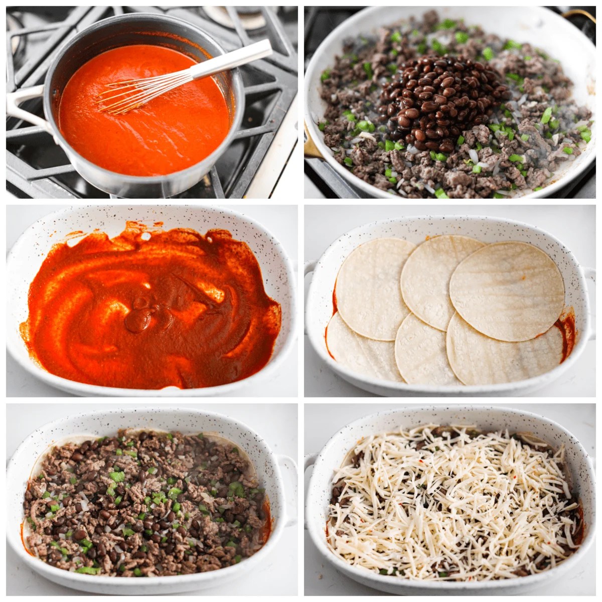 Enchilada Pie is layers of seasoned ground beef, veggies, beans, cheese, enchilada sauce, and corn tortillas; all baked together until perfectly cheesy and golden. This casserole recipe is an easy twist on enchiladas without the hassle of rolling! 6-photo collage of the casserole being prepared by layering the tortillas, meat, sauce, and cheese.