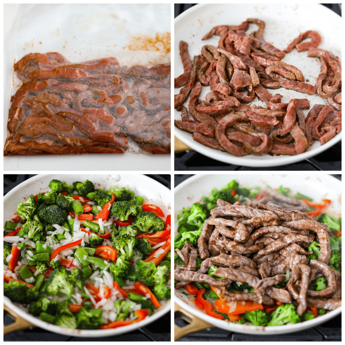 Delicious Szechuan Beef is filled with mouthwatering bold flavor! Tender strips of beef, bell peppers, snap peas and broccoli are stir-fried together with a perfectly sweet, spicy, tangy sauce. It's way better than takeout and cooks up in under 20 minutes! 4-photo collage of the steak strips and vegetables being cooked in a skillet.