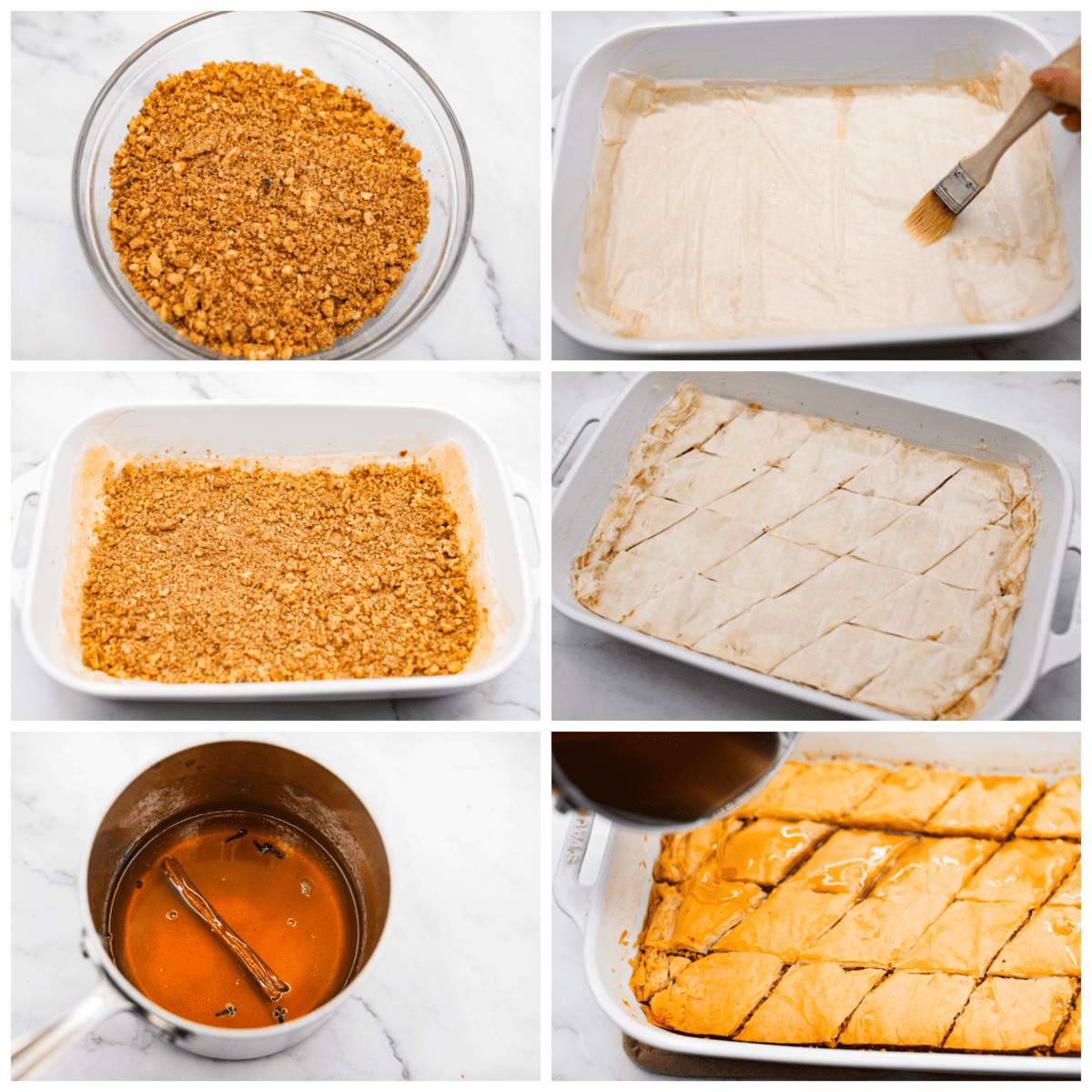 Phyllo pastry and walnuts are layered together then baked until the pastry is deliciously flaky. A sweet honey syrup is poured over the top which soaks into the baklava and makes every bite heavenly. 6-photo collage of the phyllo pastry and nut mixture being layered, then coated in honey syrup.