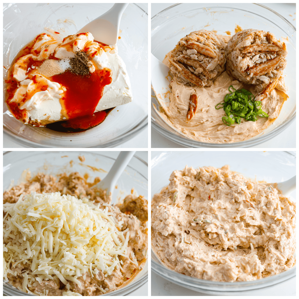 We are obsessed with this crab rangoon dip! It’s hot, creamy, cheesy and packed with crab and major flavor. It's sure to become your go-to appetizer when you really want to impress! 4-photo collage of the crab rangoon dip ingredients being mixed together.